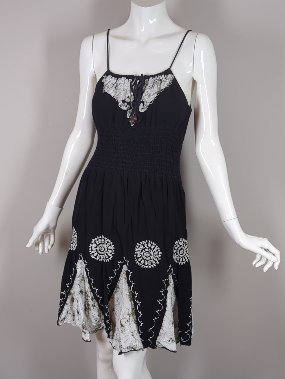 Vintage Mayur Black Embroidered Spaghetti-Strap Dress with Cream Accents